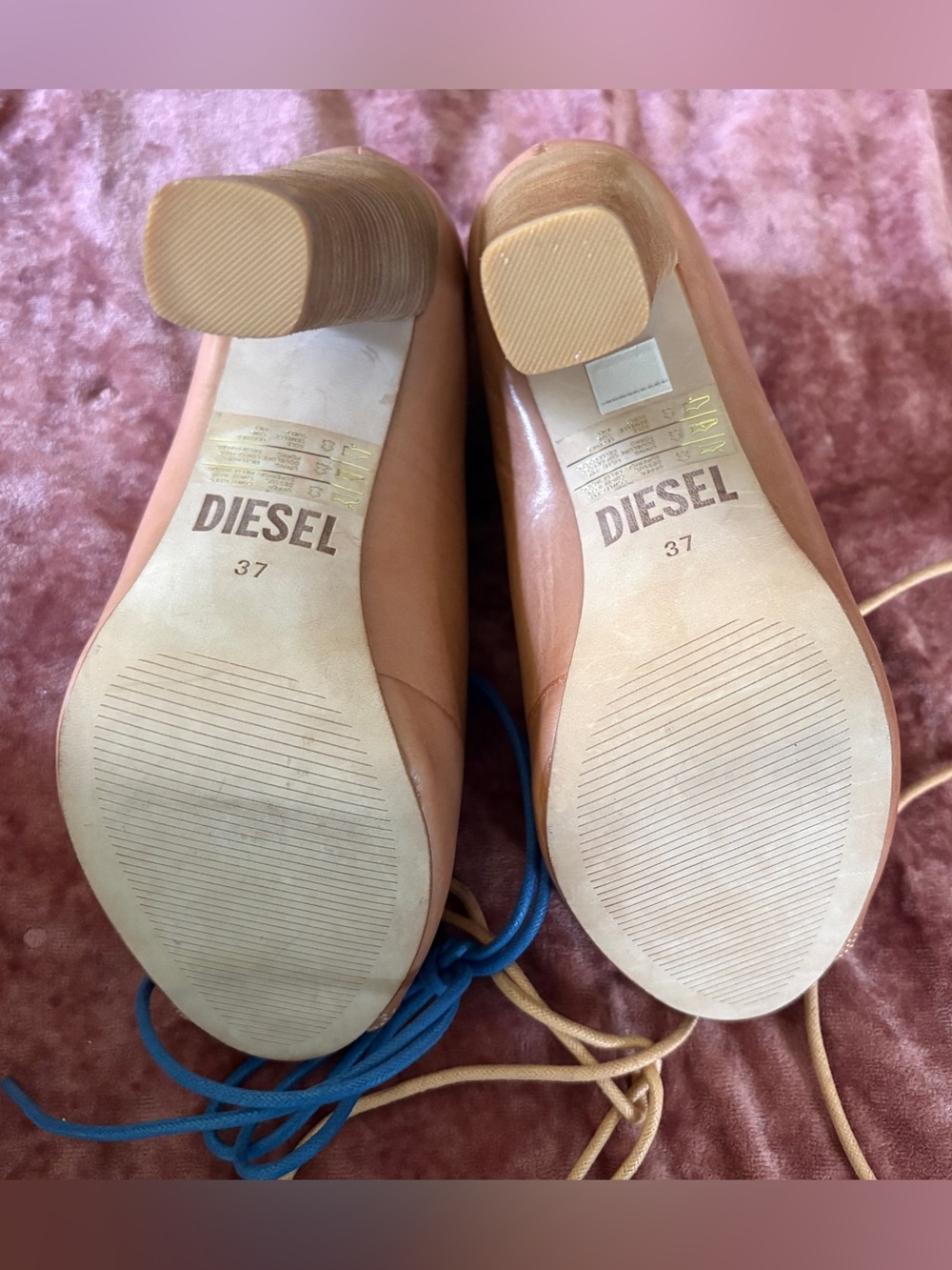 Diesel Tan Lace-Up Peep-Toe Platform Booties with Blue Laces - Picture 7 of 7